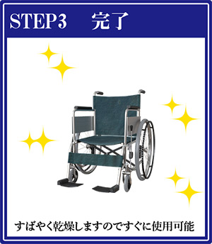 車椅子をすばやく乾燥します!STEP3 すばやく乾燥しますのですぐに使用可能